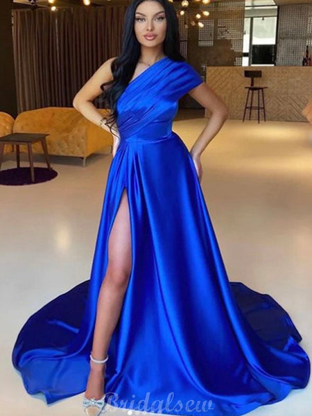 A-line One Shoulder Royal Blue Elegant Satin Party Women Long Evening ...