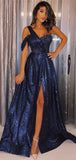 A-line One Shoulder Sparkly Navy Blue Sequin Modest Evening Long Prom Dresses PD328