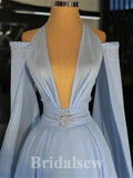 A-line Pale Blue Unique Deep V-Neck New Fashion Long Elegant Party Prom Dresses PD1173