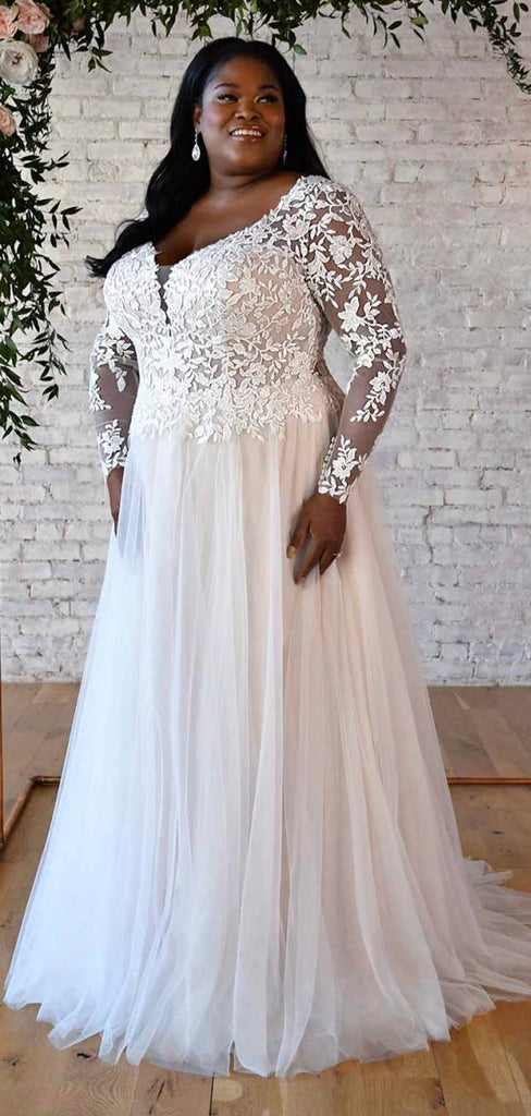 A-line Plus Size Long Sleeves Lace Garden Elegant Vintage Beach Long  Wedding Dresses WD195, Backyard Wedding Dresses Plus Size
