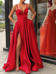 Red Satin A-line Front Slit Long Minimalist Prom Dress - Xdressy