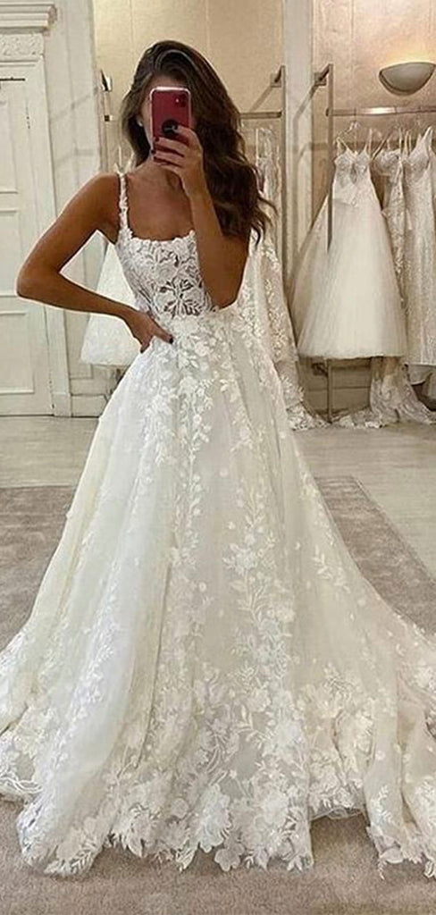 A-line Beach Unique Sequin Sparkly Modest Long Wedding Dresses, Bridal  Gowns WD110