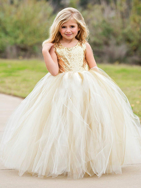 A-line Sequin Tulle Open Back Sleeveless Cute Flower Girl Dresses FG00 ...