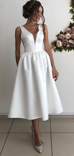 A-line Short Unique Beach Satin Sleeveless Custom Wedding Dresses WD10 ...