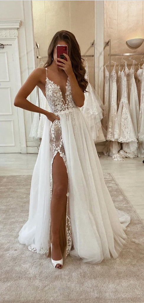 V-neck Satin Lace Simple Wedding Dresses A-line Spaghetti Strap