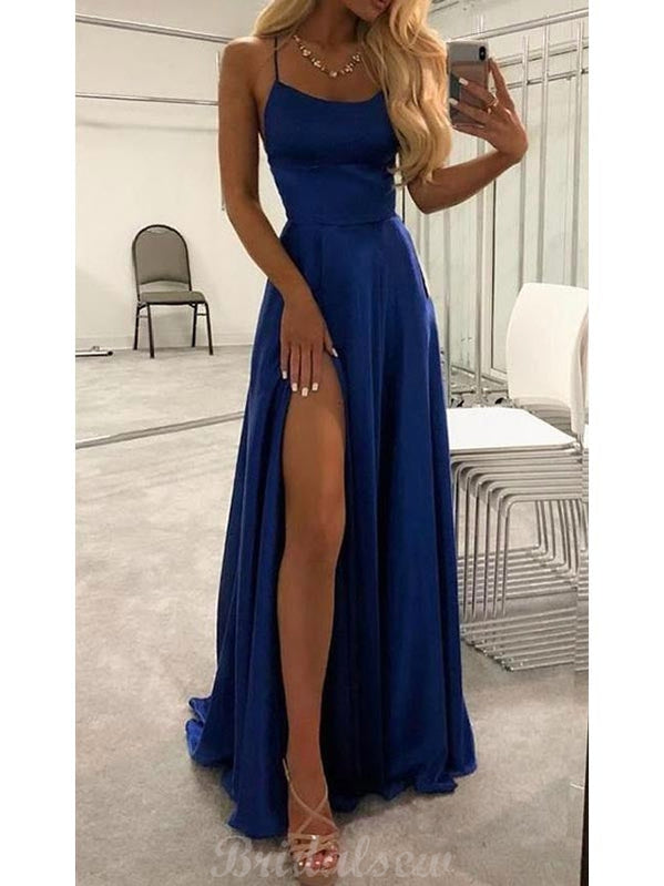 A-line Square Neckline Spaghetti Straps Long/Floor-Length Satin Prom Dress  With Split Pockets - Prom Dresses - Stacees