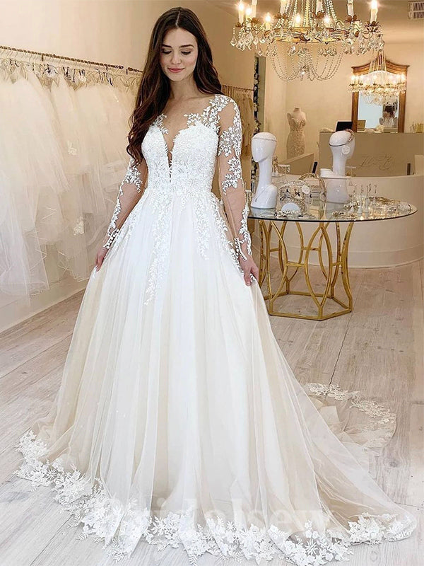 A-line Tulle Long Sleeves Garden Beach Vintage Long Wedding Dresses, D –  bridalsew