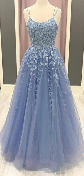 A Line Long Blue Lace Spaghetti Straps Modest Formal Prom Dresses PD20 ...