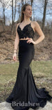 Black Spaghetti Straps Two Pieces Elegant Mermaid Formal Long Evening Prom Dresses PD1056