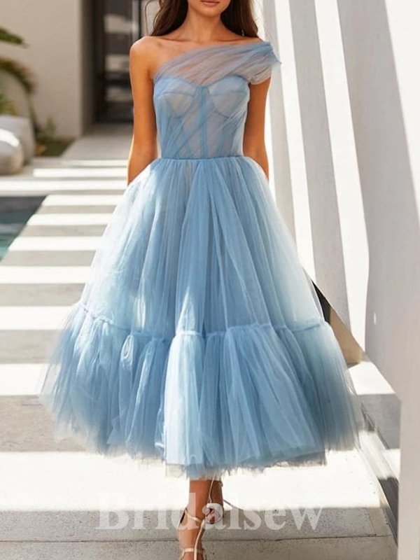 Blue Tulle New Short Prom Dresses, A-line One Shoulder Fairy Princess ...
