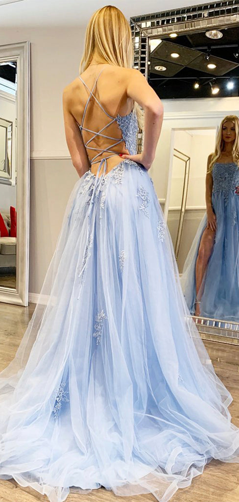 Charming Light Blue Lace Long Prom Dresses with Slit, Formal