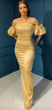 Gold Satin Mermaid Slit Elegant Modest Women Long Evening Prom Dresses PD603