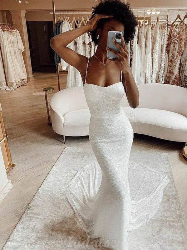 Long Spaghetti Straps Mermaid White Wedding Dress with Beads
