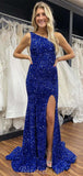 One Shoulder Royal Blue Sequin Sparkly Mermaid Elegant Formal Long Prom Dresses, Evening Dress PD417