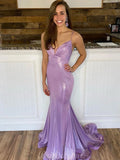 Spaghetti Straps Sequin Lilac Sparkly Mermaid Simple Long Prom Dresses PD001